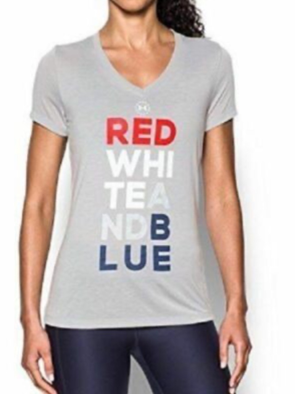 Under Armour Women's Gray V-Neck Tee with Red, White & Blue Vertical Text